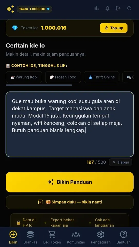 Ketik ide bisnis lo di app Mina Forge