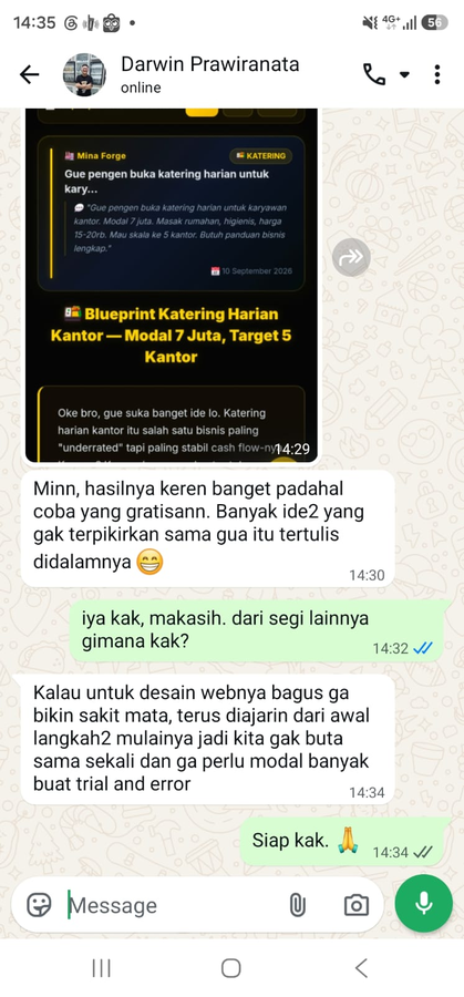 Screenshot WhatsApp, Darwin P (Juragan Prompt) tentang Mina Forge