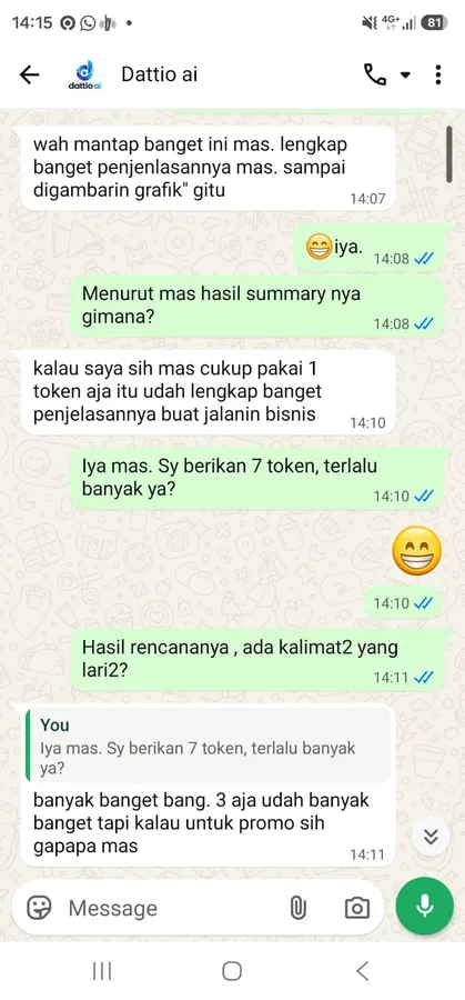 Screenshot WhatsApp, Mas Fajar (Dattio AI) tentang Mina Forge